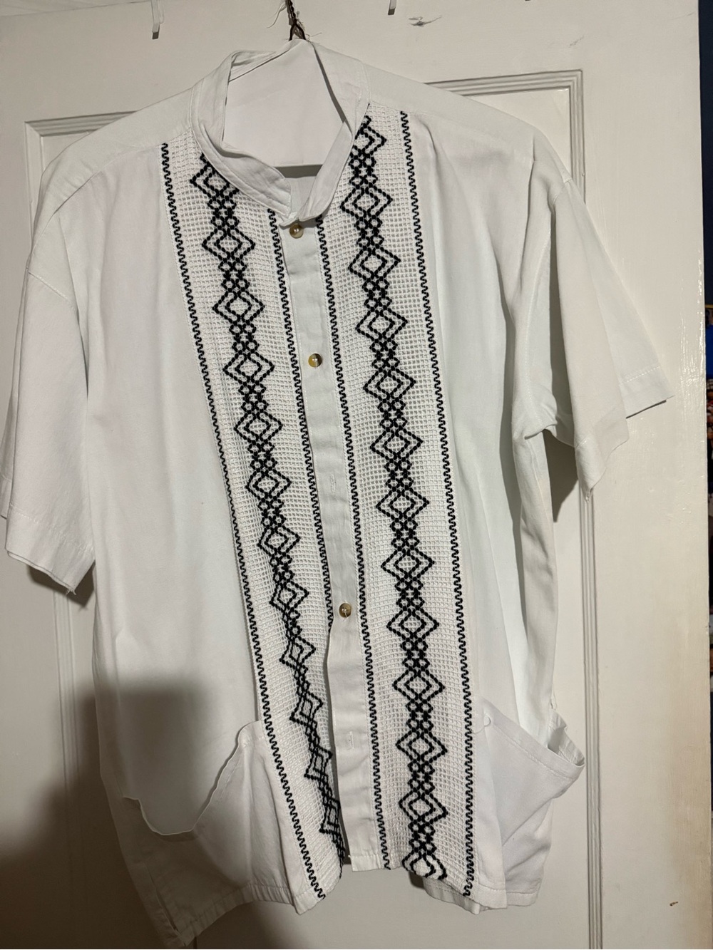 Men's White Short-Sleeve Button-Down Shirt with Black Embroidered Panels